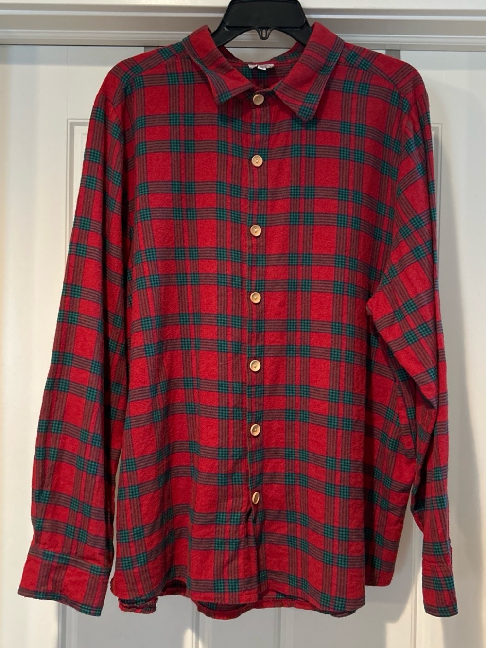Red and Green Plaid Button-Up Shirt with Wooden Buttons
